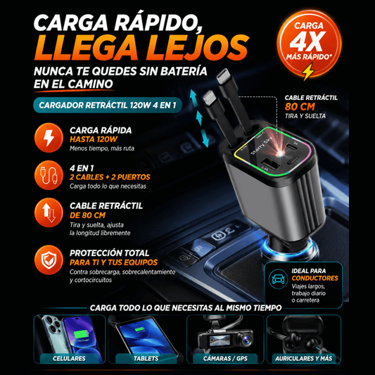 Cargador de Coche Retráctil 120W con Proyección de Cielo Estrellado (5 en 1)